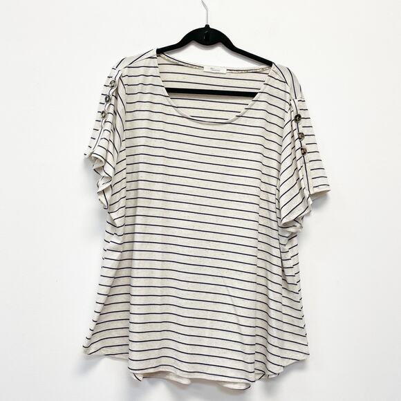 89th + Madison Womens L Metallic Striped Cap Sleeve Button Detail Knit Blouse - Picture 1 of 6